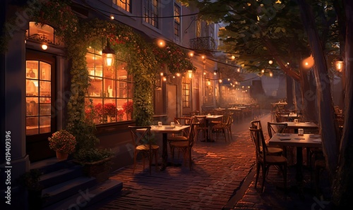  a restaurant with tables and chairs on a cobblestone street. generative ai