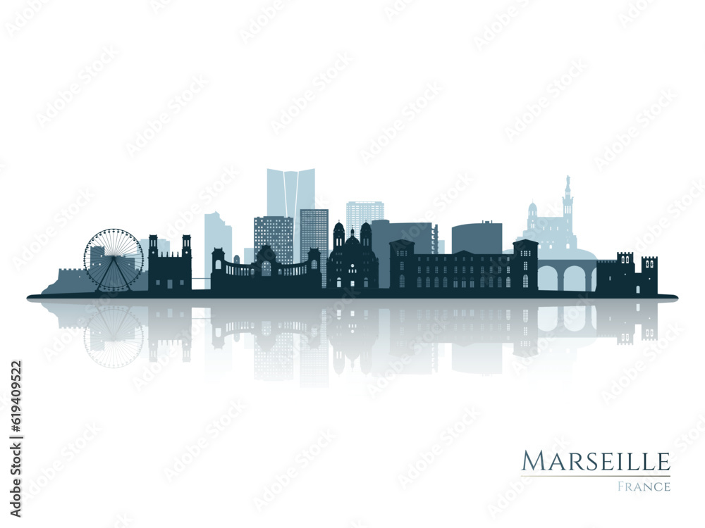 Marseille skyline silhouette with reflection. Landscape Marseille, France. Vector illustration.
