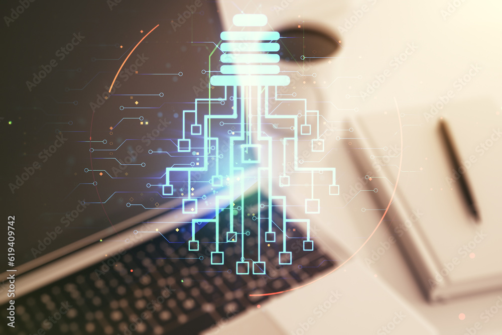 Creative idea concept with light bulb and microcircuit illustration on modern laptop background. Neural networks and machine learning concept. Multiexposure