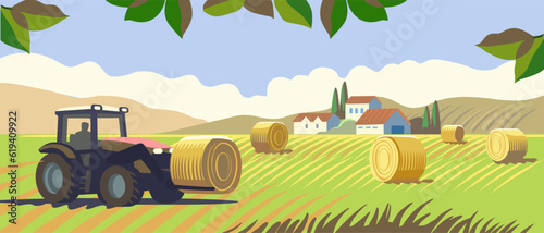 Tractor with hay. Rural farm landscape