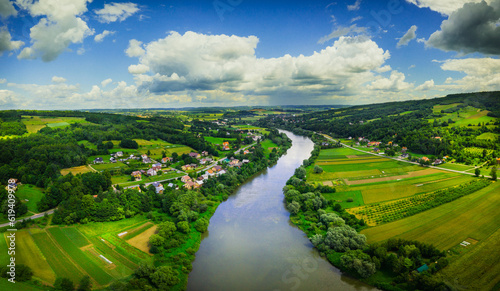 Panorama of San river valley near Dynow. Podkarpackie voivodeship. Summer nature landscape. Drone view. Poland, a beautiful Polish landscape. 