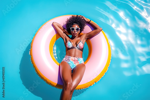 black happy woman in swimming pool floating on swimming ring, girl having fun on summer vacation in tropical hotel resort, tourism, top view, generative ai. photo