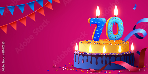 70 years anniversary. Cake with burning candles and confetti. Birthday banner.