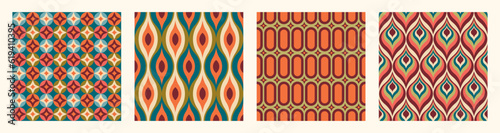 Set of Aesthetic mid century printable seamless pattern with retro design. Decorative 50`s, 60's, 70's style Vintage modern background in minimalist mid century style for fabric, wallpaper or wrapping