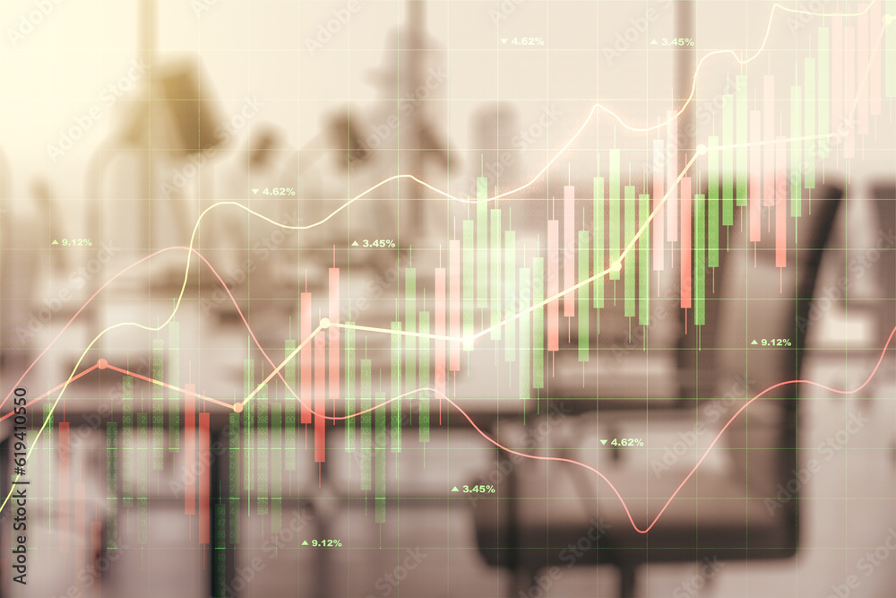 Multi exposure of abstract virtual financial graph hologram on a modern furnished office background, forex and investment concept Multi exposure of abstract virtual financial graph hologram on a modern furnished office background, forex and investment concept