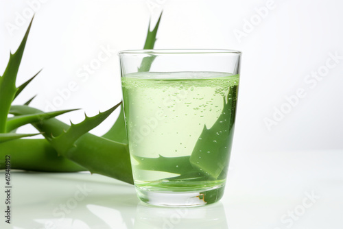a glass of aloe vera juice on a white background