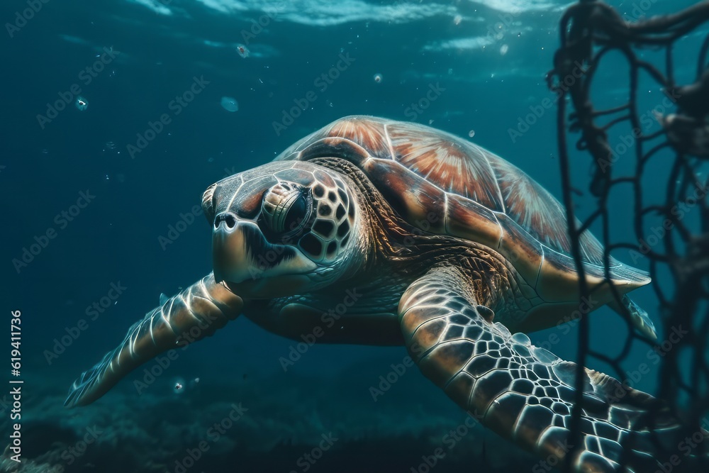 Obraz premium A turtle with nets swim in the ocean, plastic pollution. Global Warming. Generative AI Technology