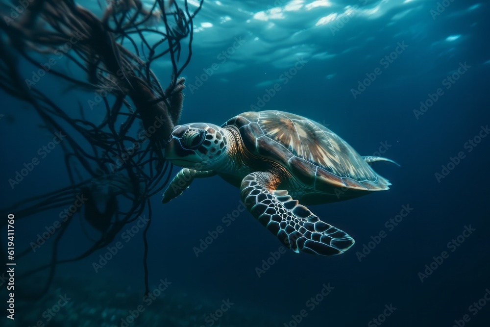 Fototapeta premium A turtle with nets swim in the ocean, plastic pollution. Global Warming. Generative AI Technology