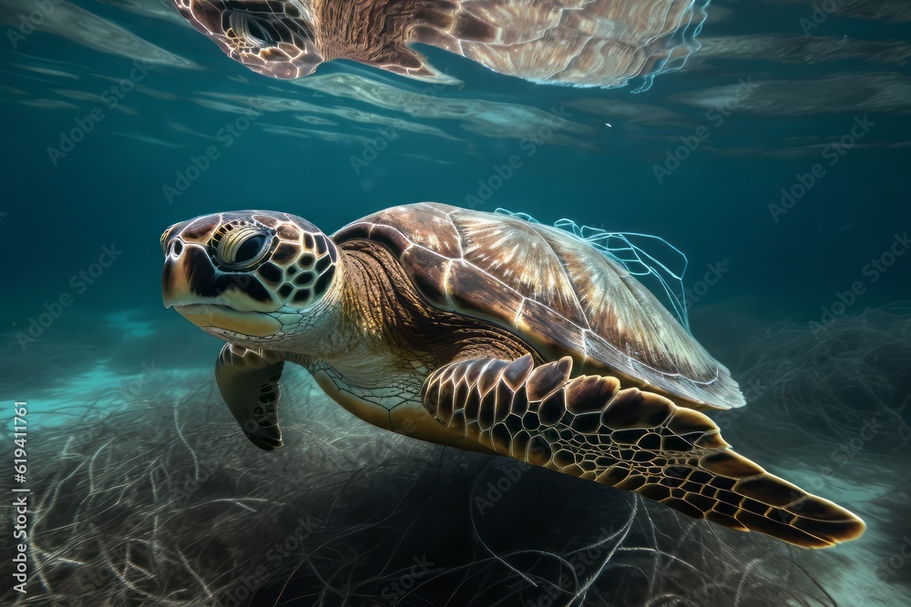 Obraz premium A turtle with nets swim in the ocean, plastic pollution. Global Warming. Generative AI Technology