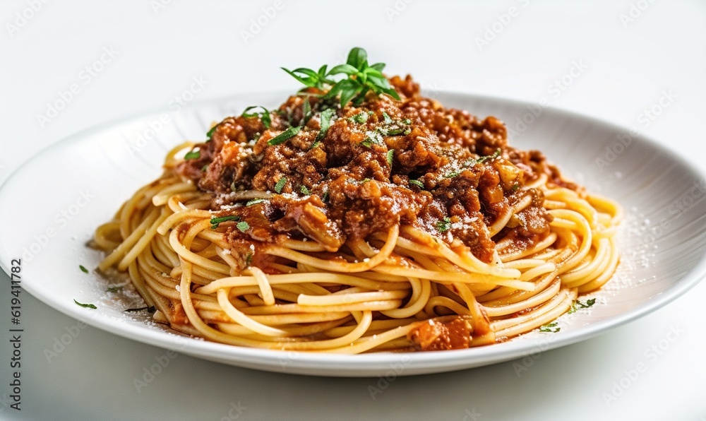  a plate of spaghetti with meat sauce and parsley on top.  generative ai