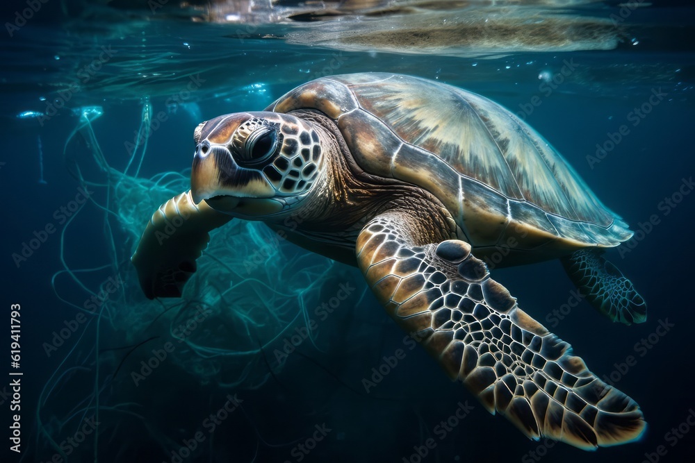 Fototapeta premium A turtle with nets swim in the ocean, plastic pollution. Global Warming. Generative AI Technology