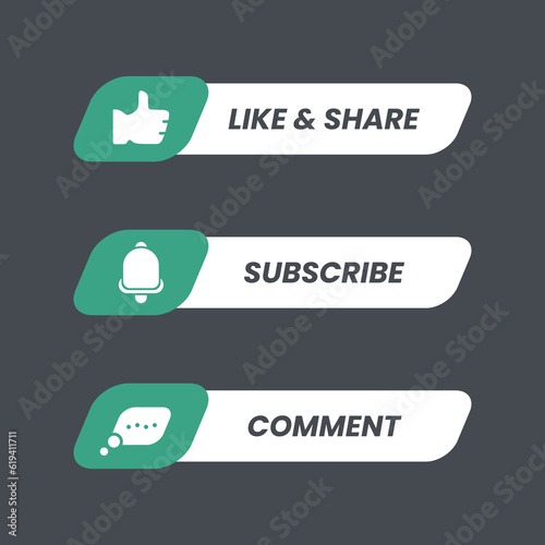 Call to action button sets, like and share, subscribe, comment. Unique icon and text in green and white color fill. Design element vector template in trendy flat style. Editable for many purposes