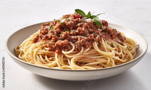  a bowl of spaghetti with meat sauce on a white table. generative ai