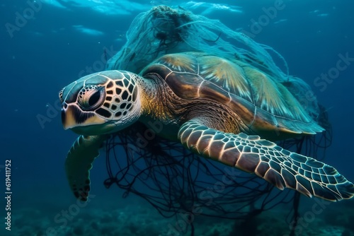 A turtle with nets swim in the ocean, plastic pollution. Global Warming. Generative AI Technology © Luisa