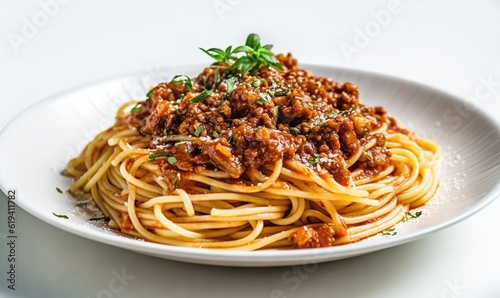  a plate of spaghetti with meat sauce and parsley on top.  generative ai