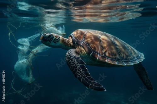 A turtle with nets swim in the ocean, plastic pollution. Global Warming. Generative AI Technology