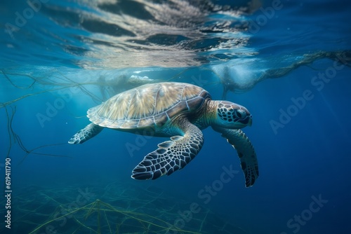 A turtle with nets swim in the ocean  plastic pollution. Global Warming. Generative AI Technology