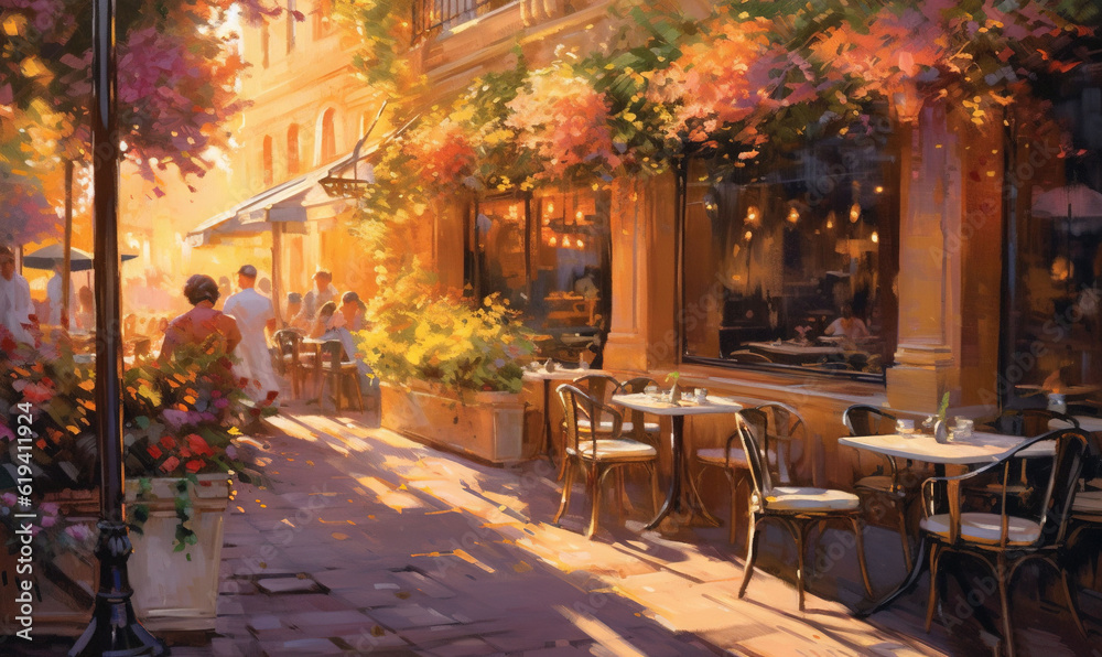  a painting of people sitting at tables outside a restaurant on a sunny day.  generative ai