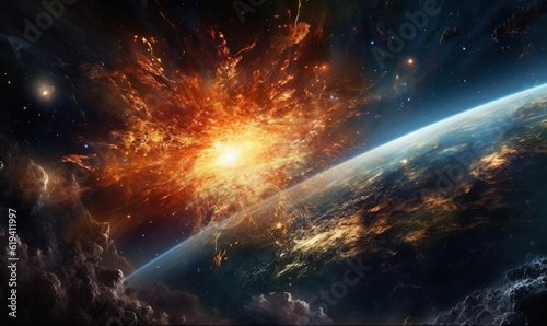  a view of the earth from space with a bright explosion. generative ai