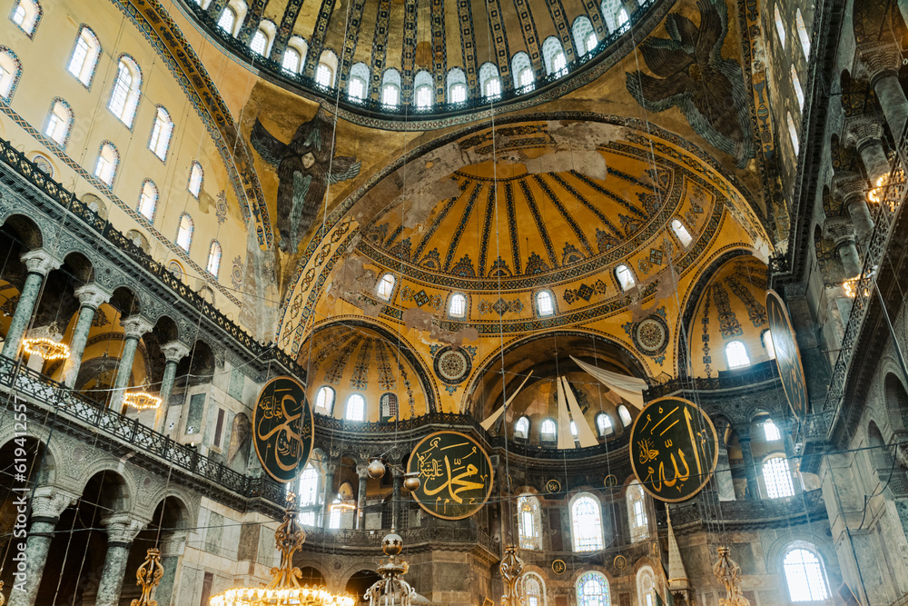 The Hagia Sophia (also called Hagia Sofia or Ayasofya) interior architecture, famous Byzantine landmark and world wonder in Istanbul after renovation, Turkey