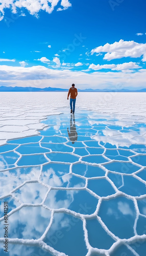 Generative AI : Aerial of Salar de Uyuni, Salar de Tunupa, worlds largest salt flat, in the altiplano of Bolivia in the andes mountains. Worlds biggest lithium source and popular travel destination in
