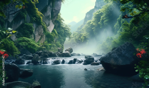  a river flowing through a lush green forest filled with rocks. generative ai