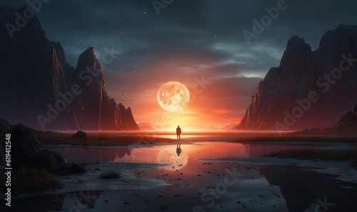  a person standing on a beach in front of a full moon. generative ai