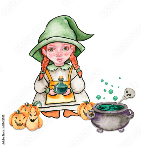 Little witch in hat composition. Watercolor hand drawn illustration. Can be used for halloween party or posters.
