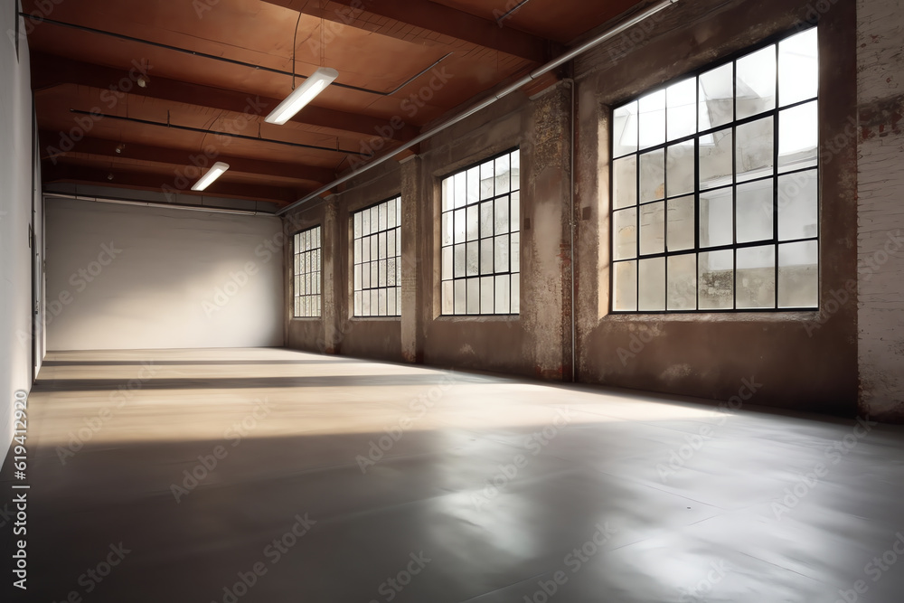 Generative AI : Interior of empty warehouse or garage Generative AI : Interior of empty warehouse or garage