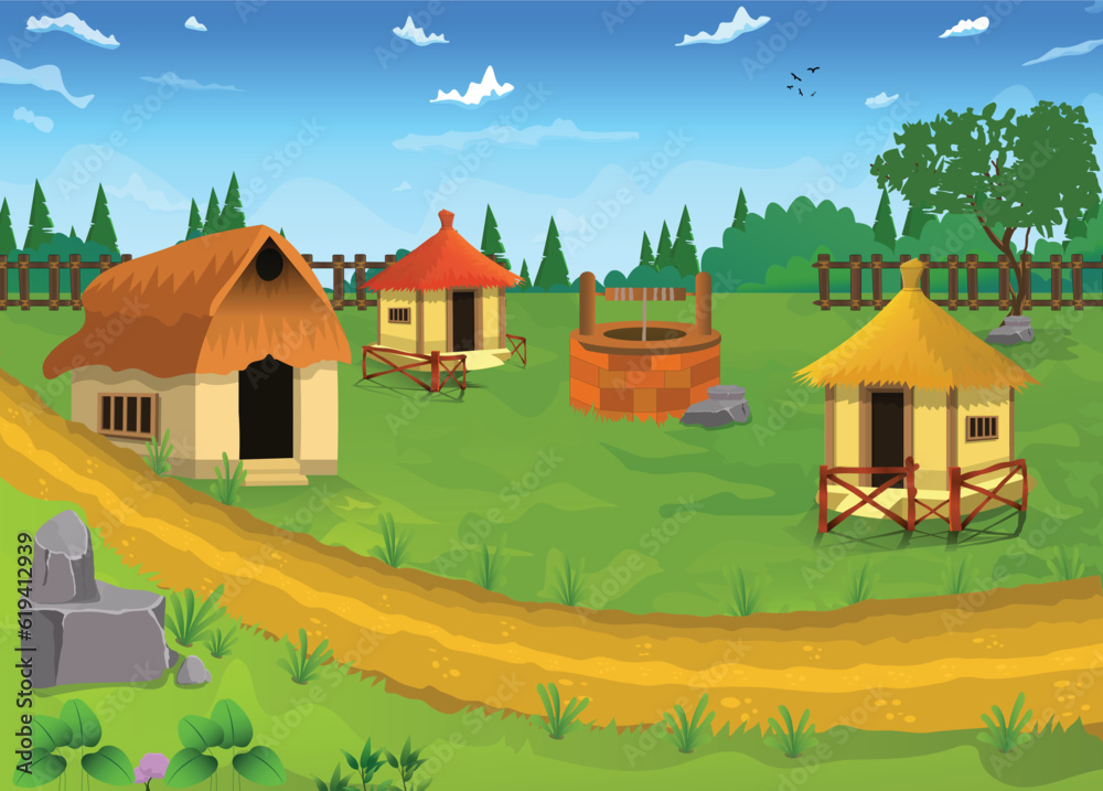 Vector illustration of beautiful village cartoon background of green meadows and surrounded by trees and mountains.