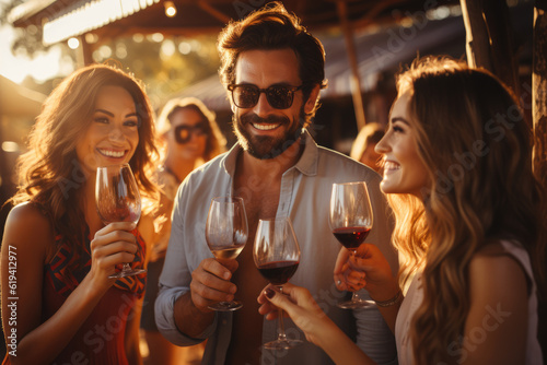 Vineyard Celebration: A Happy Group of Friends Embraces the Joy of Wine Tasting, Marking Moments of Friendship, Toasts, Celebration, and Engagement in a Picturesque Vineyard.

 photo