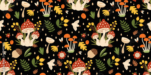 Forest mushrooms seamless pattern with fall leaves, berries, flowers, acorn, bird on black repeat background. Vector nature print. Hand drawn fly agaric amanita edible mushrooms in cute childish style