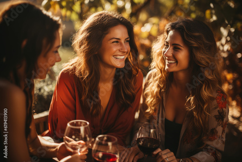 Vineyard Celebration: A Happy Group of Friends Embraces the Joy of Wine Tasting, Marking Moments of Friendship, Toasts, Celebration, and Engagement in a Picturesque Vineyard.
