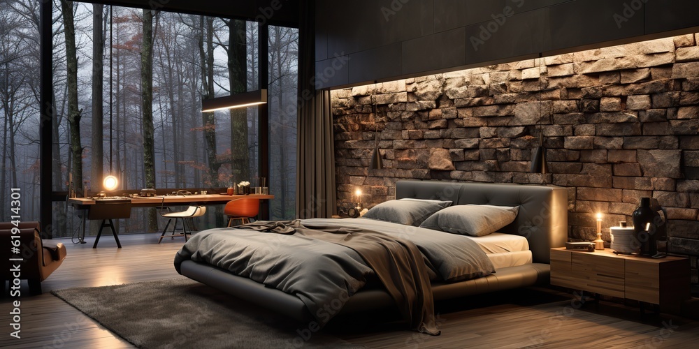 AI Generated. AI Generative. Modern minimal gothic elegant architecture interior design bedroom. Hotel house apartment style. Graphic Art