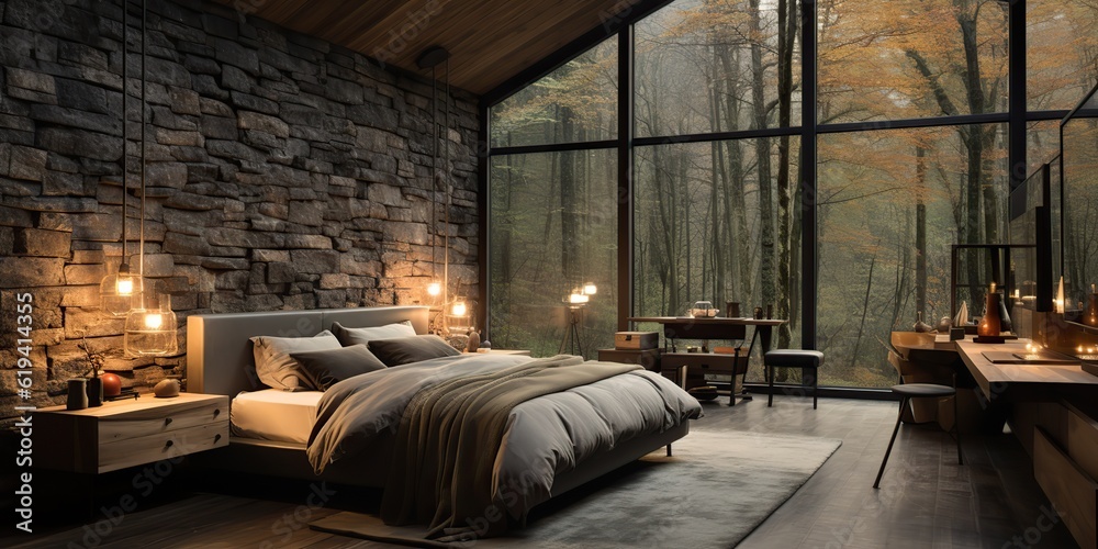 AI Generated. AI Generative. Modern minimal gothic elegant architecture interior design bedroom. Hotel house apartment style. Graphic Art