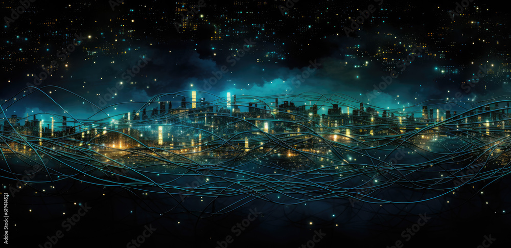 Abstract image of the night sky with stars and waves, in the style of intertwined networks, sparklecore, light black and teal, intel core, dazzling cityscapes, neo-academism, webcore AI Generative