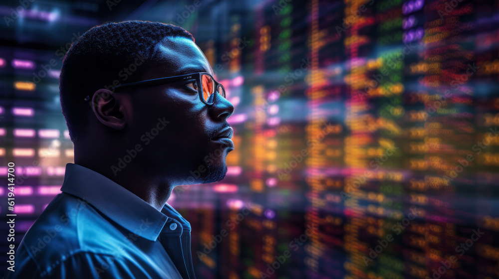 Portrait of Black Stock Market Trader Doing Analysis of Investment Charts, Graphs, Ticker Numbers Projected on His Face. African American Financial Analyst. Generative AI.