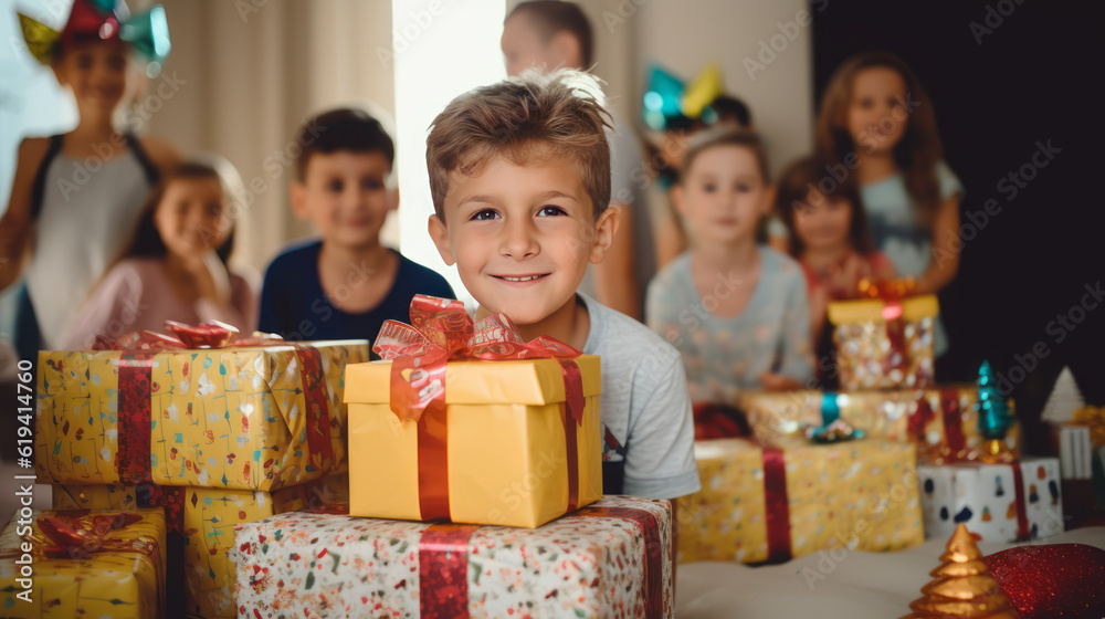 Joyful kid boy receiving gifts at a birthday party. Generative AI. Joyful kid boy receiving gifts at a birthday party. Generative AI.