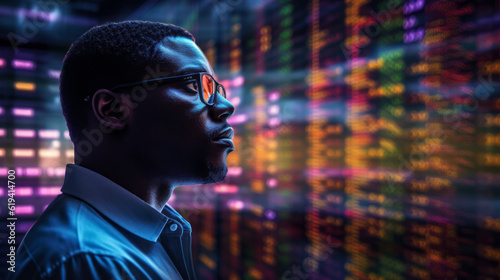 Portrait of Black Stock Market Trader Doing Analysis of Investment Charts  Graphs  Ticker Numbers Projected on His Face. African American Financial Analyst. Generative AI.