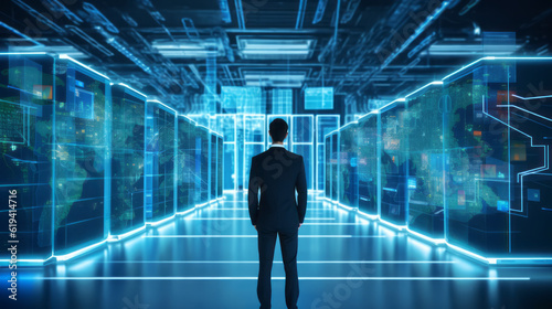 Big Data Center Chief Technology Officer Using Laptop Standing In Warehouse, Information Digitalization Lines Streaming Through Servers. SAAS, Cloud Computing, Web Service. Generative AI.