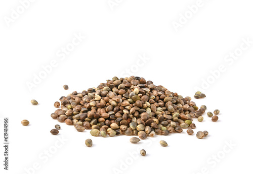 Heap of hemp seeds on white background.