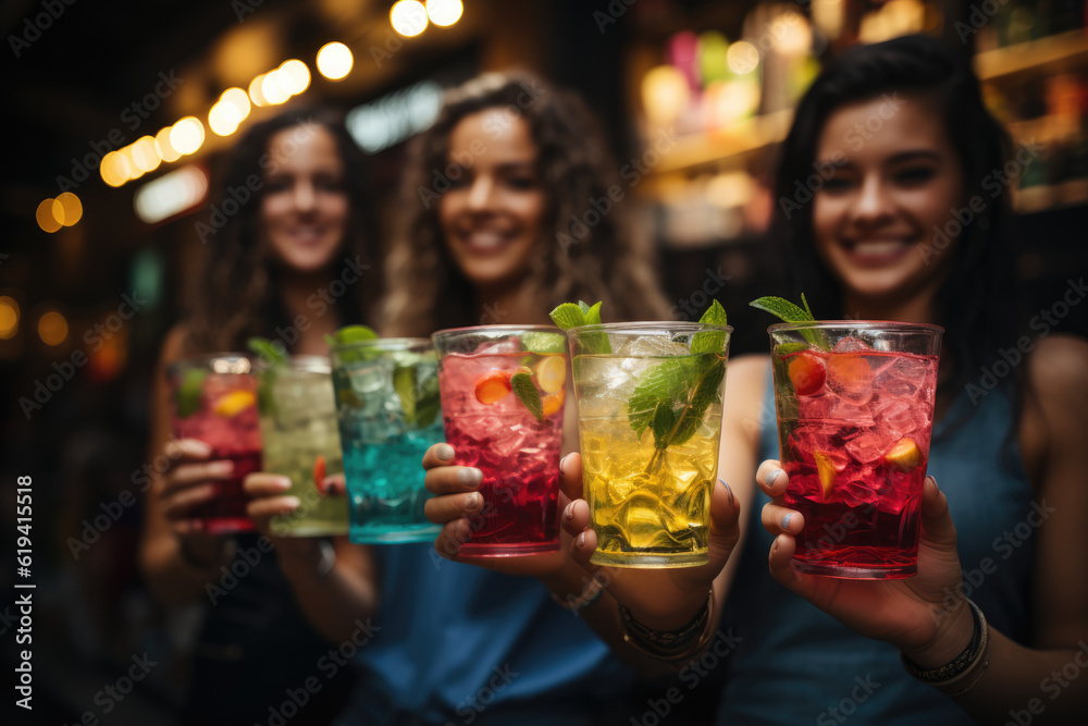 Cheers to Friendship: Multiple Ladies Pointing to Glasses of Alcohol, Toasting Cocktails at a Vibrant Bar in a moment of Celebration
