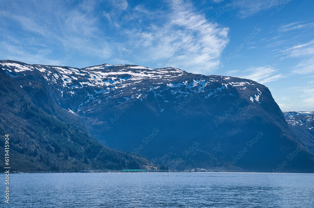 Fjord with view of mountains and fjord landscape in Norway. Landscape shot