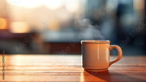 Steaming hot drink. Coffee on a table outside. Summer morning on a nice minimalist terrace. Breakfast beverage. Warm hot tea. Drink. Cozy and relaxing place. Espresso or cappucino. Empty space. 