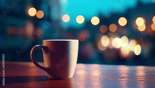 Hot steaming coffee. Exterior terrace at night. Fresh delicious hot drink. Tea mug with no one around. Beautiful summer atmosphere. No people. Urban setting. Relaxing and chill place. Business dining