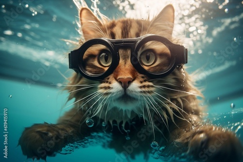 A cat wearing goggles and swimming in a pool. Generative AI