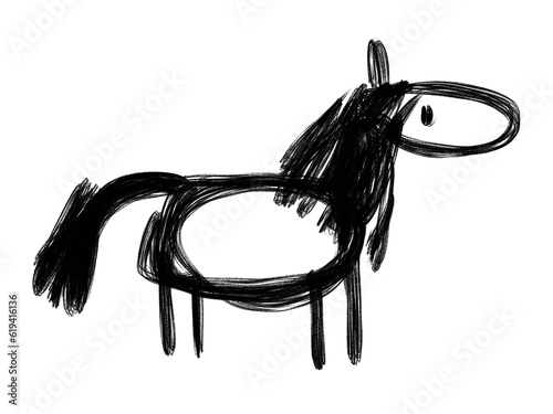 Children hand drawn cute horse drawing. Funny charcoal sketch. Kids design. Doodle design.