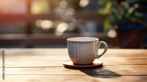 Steaming hot drink. Coffee on a table outside. Summer morning on a nice minimalist terrace. Breakfast beverage. Warm hot tea. Drink. Cozy and relaxing place. Espresso or cappucino. Empty space. 