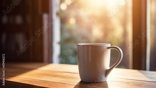 Hot coffee mug in the morning. Delicious hot drink to start the day. Steaming hot beverage. Tea cup in interior. Sunshine trough the window. Breakfast latte on a wooden table. Coffee shop interior.