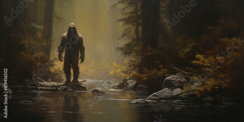 Bigfoot crossing a creek river in a North American forest wilderness. Oil painting art. Generative AI illustration © JoelMasson